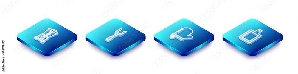 Set Isometric line Blender, Barbecue fork, Oven glove and Cutting board icon. Vector. Set Isometric line Blender, Barbecue fork, Oven glove and Cutting board icon. Vector.