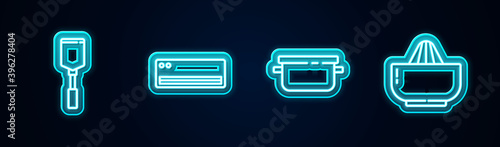 Set line Spatula, Air conditioner, Cooking pot and Citrus fruit juicer. Glowing neon icon. Vector.