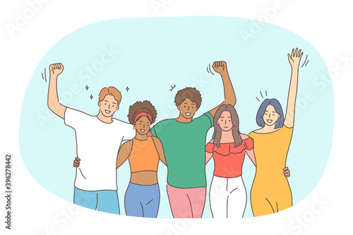Mixed race friendship, students, friends meeting concept. Group of happy smiling young people friends teens of various races standing having fun with hands raised outdoors together together 