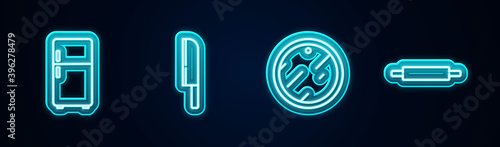 Set line Refrigerator, Knife, Cutting board and Rolling pin. Glowing neon icon. Vector.