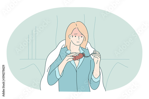 Cold, flu, feeling ill and infection concept. Unhappy young girl cartoon character pouring drug into spoon, feeling sick and fever under blanket at home. Influenza, virus, fever illustration