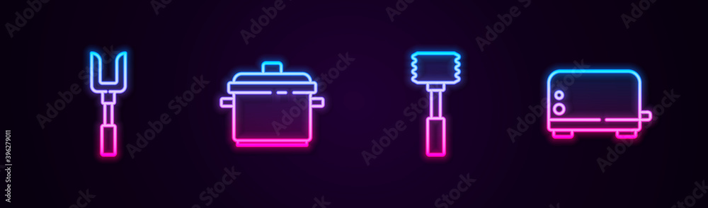 Set line Barbecue fork, Cooking pot, Kitchen hammer and Toaster. Glowing neon icon. Vector. Set line Barbecue fork, Cooking pot, Kitchen hammer and Toaster. Glowing neon icon. Vector.