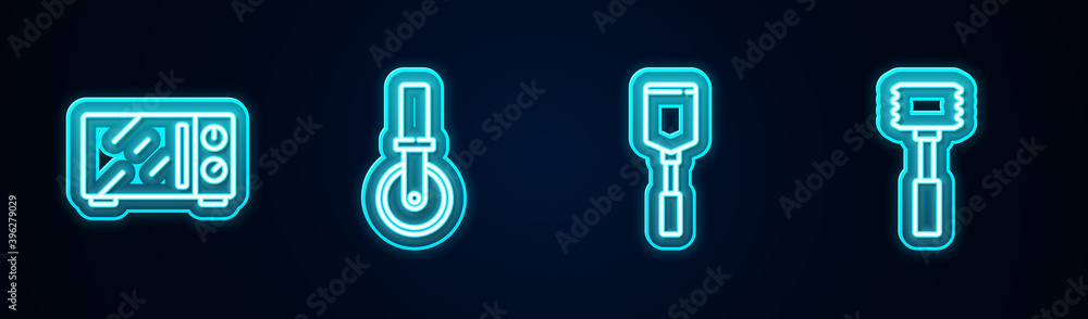 Set line Microwave oven, Pizza knife, Spatula and Kitchen hammer. Glowing neon icon. Vector. Set line Microwave oven, Pizza knife, Spatula and Kitchen hammer. Glowing neon icon. Vector.