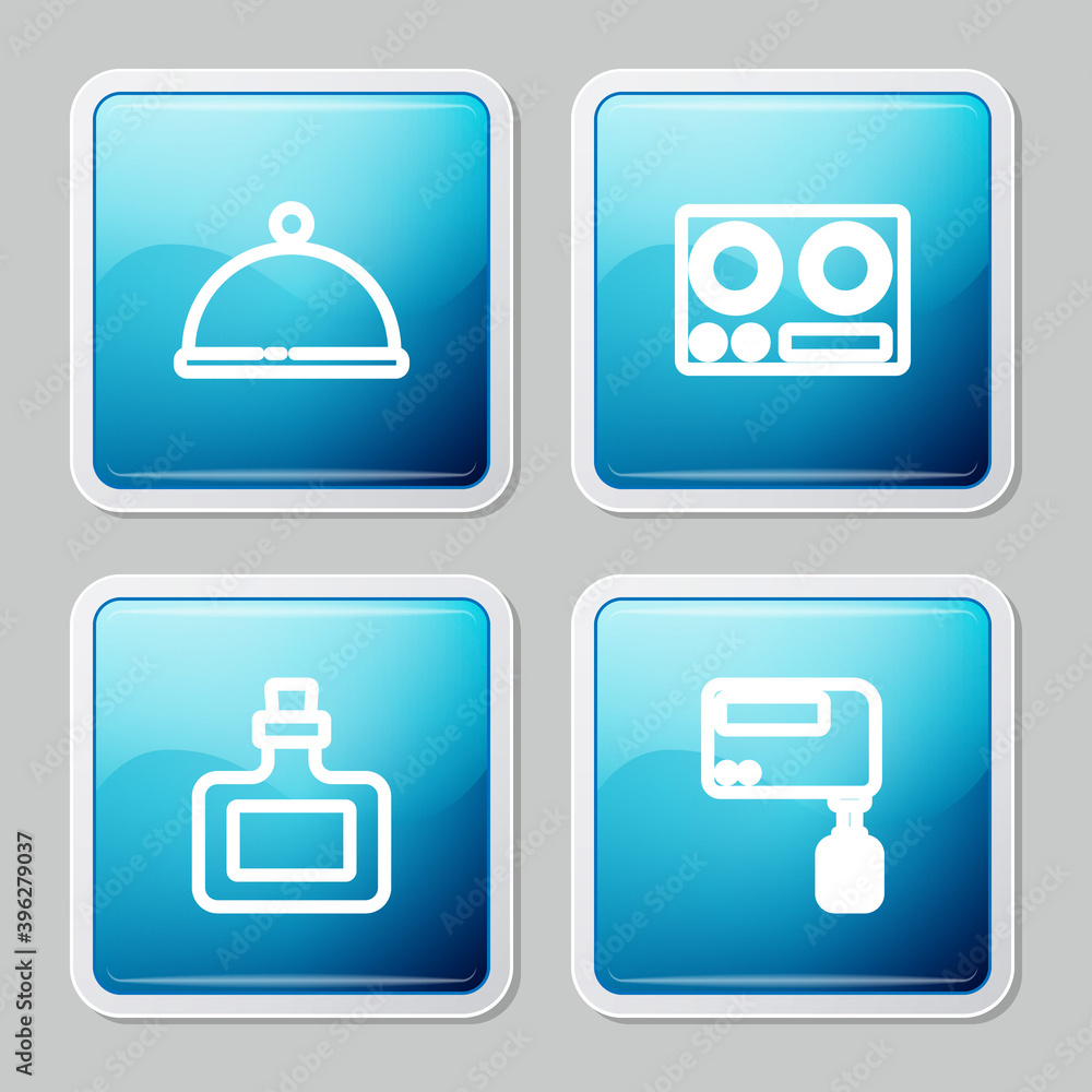 Set line Covered with tray, Gas stove, Sauce bottle and Electric mixer icon. Vector. Set line Covered with tray, Gas stove, Sauce bottle and Electric mixer icon. Vector.