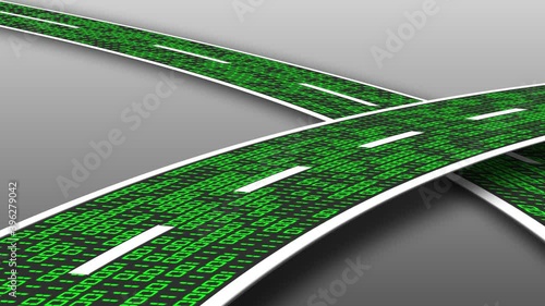 Digital data streaming on a highway - movement of series of random varying binary code digits in green on gray background