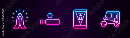 Set line Hands in praying position, Wood cricket bat ball, India constitution day and Taxi tuk tuk. Glowing neon icon. Vector.