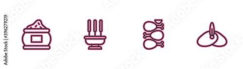 Set line Indian spice, Tandoori chicken, Incense sticks and headgear turban icon. Vector.