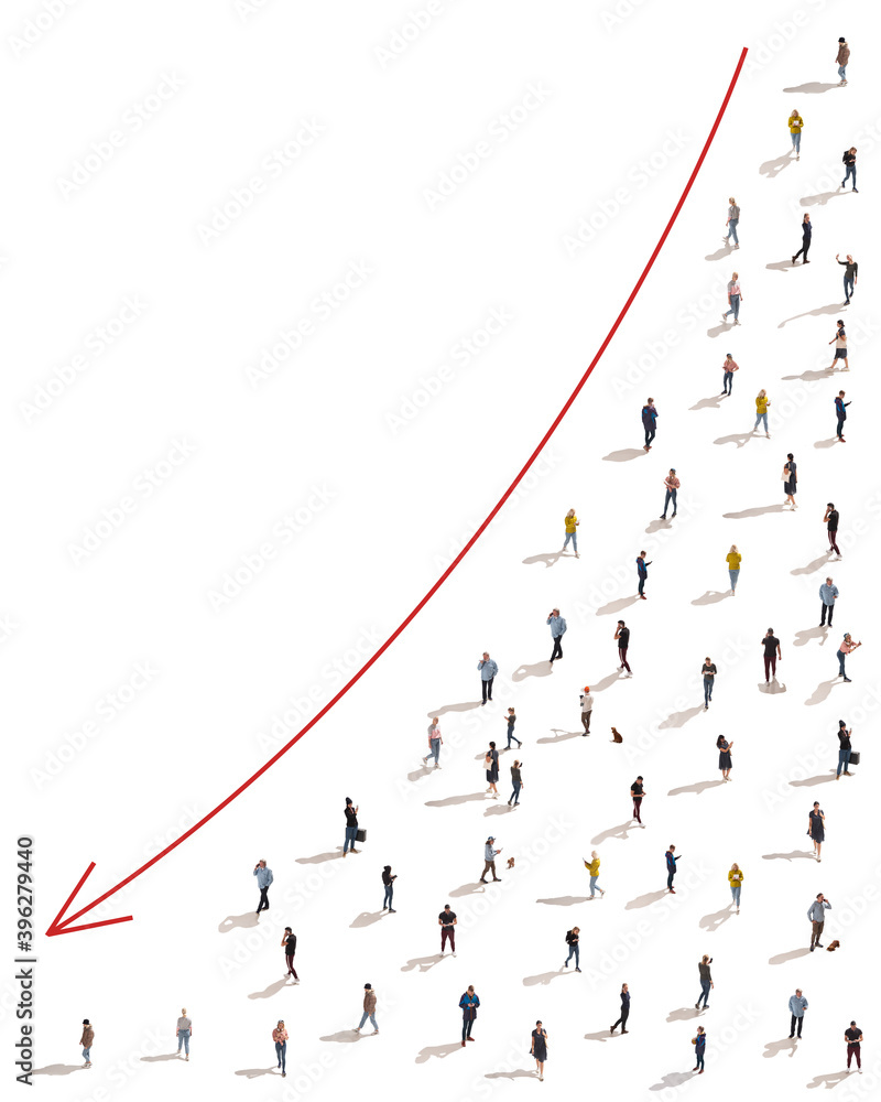 Aerial view of crowd people connected by lines, social media and communication concept. Top view of men and women isolated on white background with red arrow. Staying online, internet, technologies. Aerial view of crowd people connected by lines, social media and communication concept. Top view of men and women isolated on white background with red arrow. Staying online, internet, technologies.