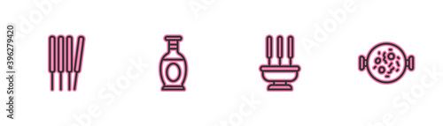Set line Aroma sticks, incense, Incense, Indian vase and Chicken tikka masala icon. Vector.
