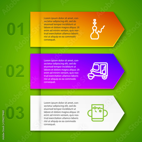 Set line Hookah, Taxi tuk tuk, Cup of tea and leaf and Bollywood indian cinema. Business infographic template. Vector.