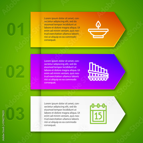 Set line Aroma lamp, Pan flute, Independence day India and Indian vase. Business infographic template. Vector.