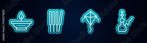 Set line Aroma lamp, sticks, incense, Kite and Hookah. Glowing neon icon. Vector.