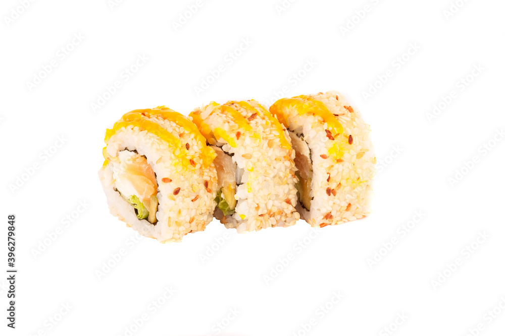 Japanese food: Set of salmon sushi and rolls with a seafood