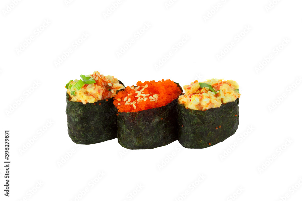 Japanese food: Set of salmon sushi and rolls with a seafood Japanese food: Set of salmon sushi and rolls with a seafood