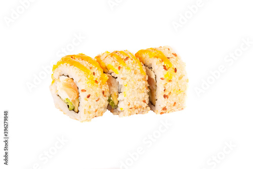Japanese food: Set of salmon sushi and rolls with a seafood
