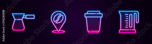 Set line Coffee turk, Location with coffee bean, cup to go and Electric kettle. Glowing neon icon. Vector.