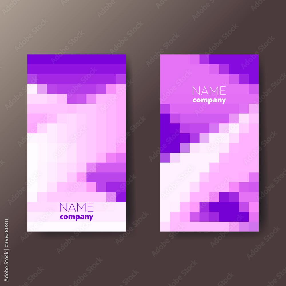 Set of two bright violet abstract vertical business cards with pixel graphic elements and text. Vector illustration. - obrazy, fototapety, plakaty 