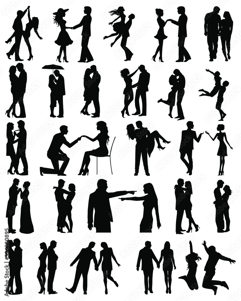 Collection silhouettes of romantic couple. Vector