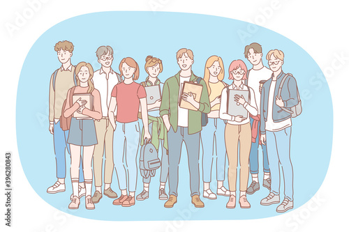 Students, classmates, group of teenagers concept. Group of happy smiling young people friends teens standing with books and backpacks together outdoors. Education, college, pupils illustration 