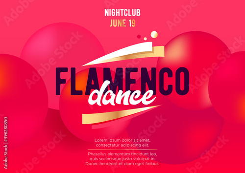 Horizontal flamenco dance template with bright red background, graphic elements and text. Vector illustration.