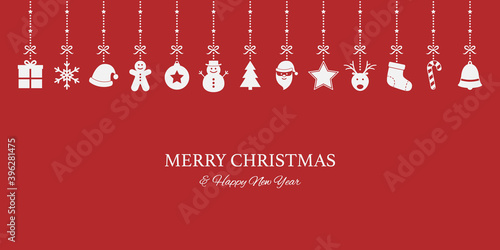 Christmas card with hanging elements and greetings. Simple Xmas ornaments. Vector