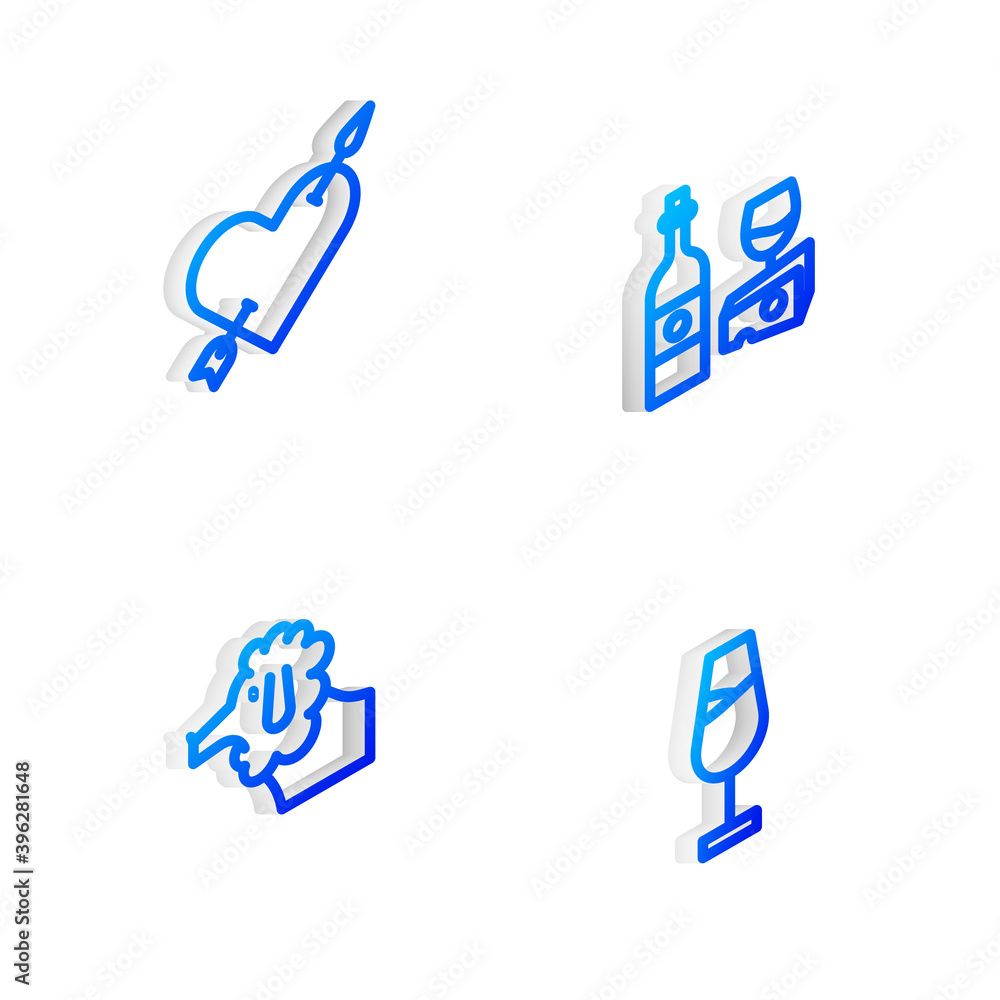 Set Isometric line Wine bottle with cheese, Amour heart and arrow, Poodle dog and glass icon. Vector. Set Isometric line Wine bottle with cheese, Amour heart and arrow, Poodle dog and glass icon. Vector.