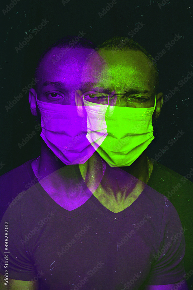 Close up portrait of african man wearing face mask background. Modern and trendy duotone effect, double exposure. Concept of human emotions, facial expression. Copyspace for adv. People in halftones. Close up portrait of african man wearing face mask background. Modern and trendy duotone effect, double exposure. Concept of human emotions, facial expression. Copyspace for adv. People in halftones.