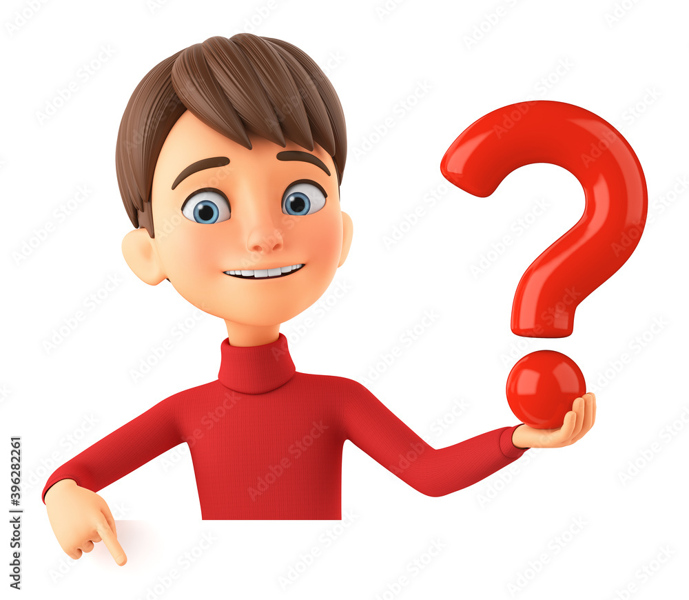 Cartoon character of a guy in winter clothes points a finger at an empty board and holds a question mark on a white background. 3d render illustration. Cartoon character of a guy in winter clothes points a finger at an empty board and holds a question mark on a white background. 3d render illustration.