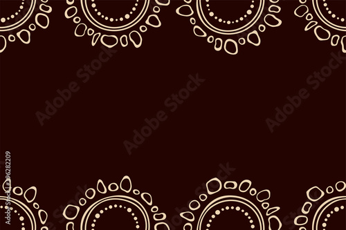 Australian aboriginal seamless horizontal border pattern with circles, crooked stripes, isolated on brown background. Endless stylish texture. Ethnic texture. Space for text. Vector color background.