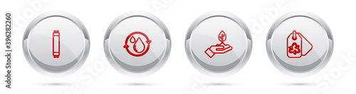 Set line Fluorescent lamp, Recycle clean aqua, Plant in hand and Tag with recycle. Silver circle button. Vector.