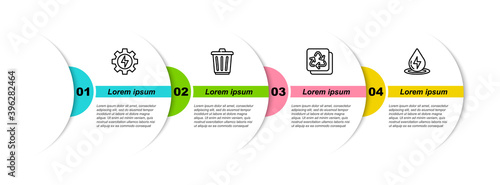 Set line Gear and lightning, Trash can, Recycle and Water energy. Business infographic template. Vector.