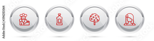 Set line Bullfight, matador, Orujo, Orange tree and Spanish woman. Silver circle button. Vector.