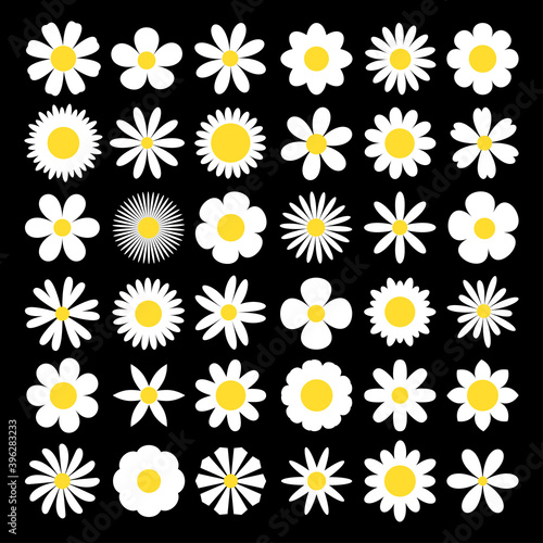 White chamomile silhouette shape icon. Camomile daisy set. Decoration element. Cute round flower plant nature collection. Love symbol. Growing concept. Flat design. Isolated. Black background.