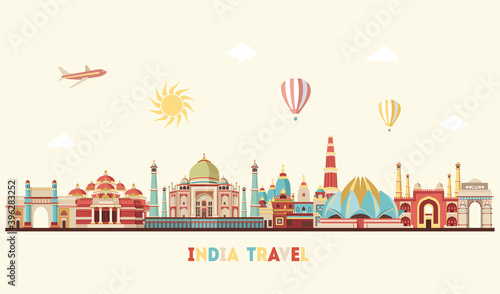 India skyline. India famous landmarks. Travel and tourism background. Vector illustration
