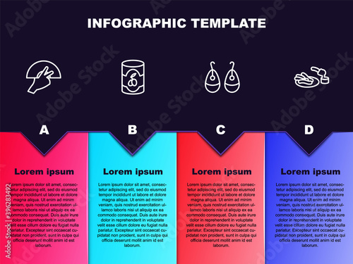 Set line Fan flamenco, Olives in can, Earrings and Churros and chocolate. Business infographic template. Vector.