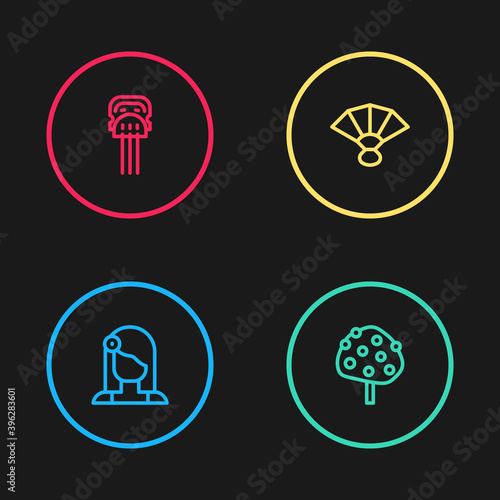Set line Spanish woman, Orange tree, Fan flamenco and Peineta icon. Vector.