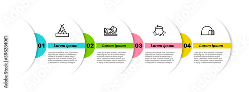 Set line Indian teepee or wigwam, Royal Ontario museum, Tree stump and Igloo ice house. Business infographic template. Vector.