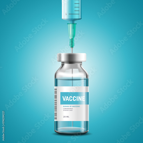 Creative design for Coronavirus vaccine vector background. Covid-19 corona virus vaccination with vaccine bottle and syringe injection tool for covid19 immunization treatment. Vector illustration.