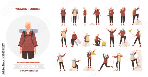 Woman tourist traveler adventure poses vector illustration set. Cartoon pretty young female hiker character with backpack posing in tourism activity, traveling, hiking and climbing isolated on white