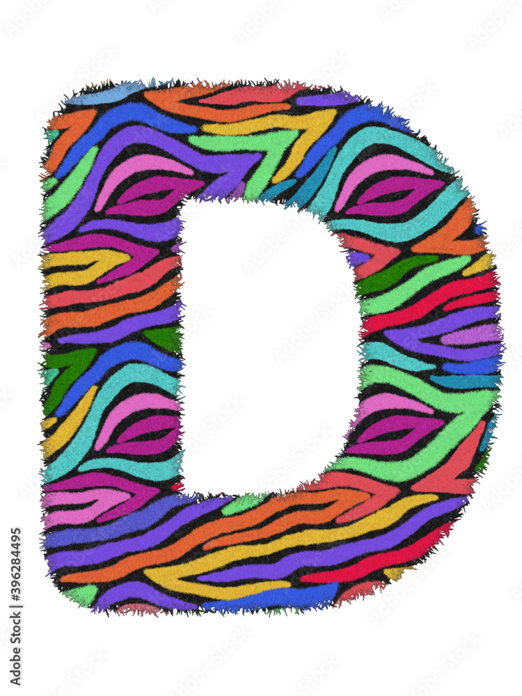 3D Zebra RAINBOW print letter D, animal skin fur creative decorative character D, with colorful isolated in white background. has clipping path and dicut. Design font wildlife or safari concept. 3D Zebra RAINBOW print letter D, animal skin fur creative decorative character D, with colorful isolated in white background. has clipping path and dicut. Design font wildlife or safari concept.