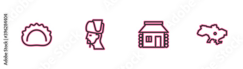 Set line Dumplings, Ukrainian house, cossack and Map of Ukraine icon. Vector.