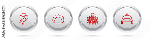 Set line Poppy flower, Dumplings, Wicker fence and Bread and salt. Silver circle button. Vector.