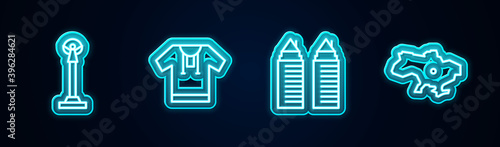 Set line Monument of Independence, Embroidered shirt, Two towers in Dnipro and Map Ukraine. Glowing neon icon. Vector.