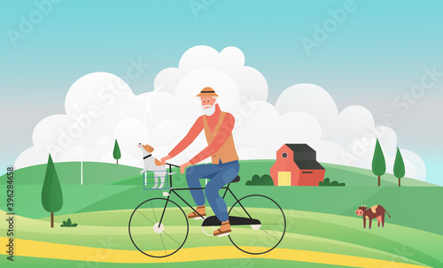 Healthy active lifestyle for senior people vector illustration. Cartoon old man cyclist character riding bicycle bike, older rider lady cycling on rural road in summer village landscape background