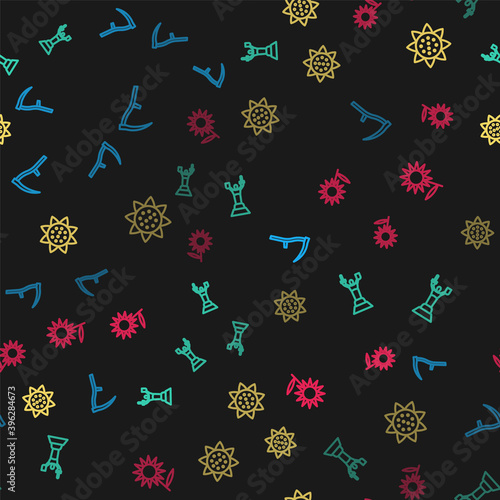 Set line Scythe, Mother Motherland monument, Sunflower and on seamless pattern. Vector.