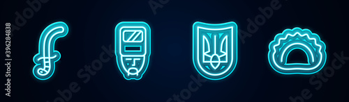Set line Medieval sword, Ukrainian cossack, trident and Dumplings. Glowing neon icon. Vector.