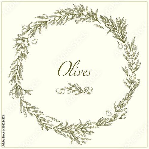 Olive branches wreath frame. Organic food, vector doodle hand drawn sketch style illustrations collection isolated on background. Botanical illustration for packaging, menu cards, posters, prints.	