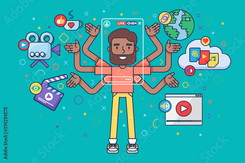 Arabian male vlogger lifestyle semi flat concept illustration