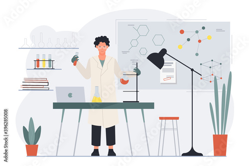 Scientist working vector illustration. Cartoon man scientific worker character in lab uniform making science test or chemical experiment in laboratory, holding test tube equipment isolated on white