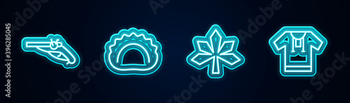 Set line Vintage pistols, Dumplings, Chestnut leaf and Embroidered shirt. Glowing neon icon. Vector.
